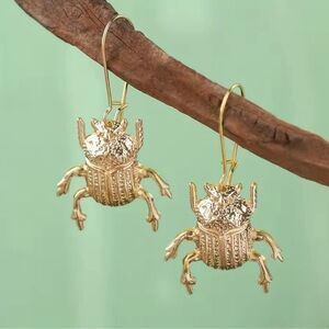 Gold Scarab Beetle Drop Earrings